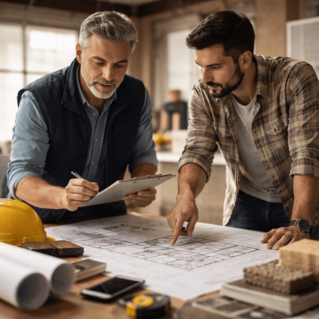 Two men review architectural blueprints on a table with a yellow hard hat and tools.
