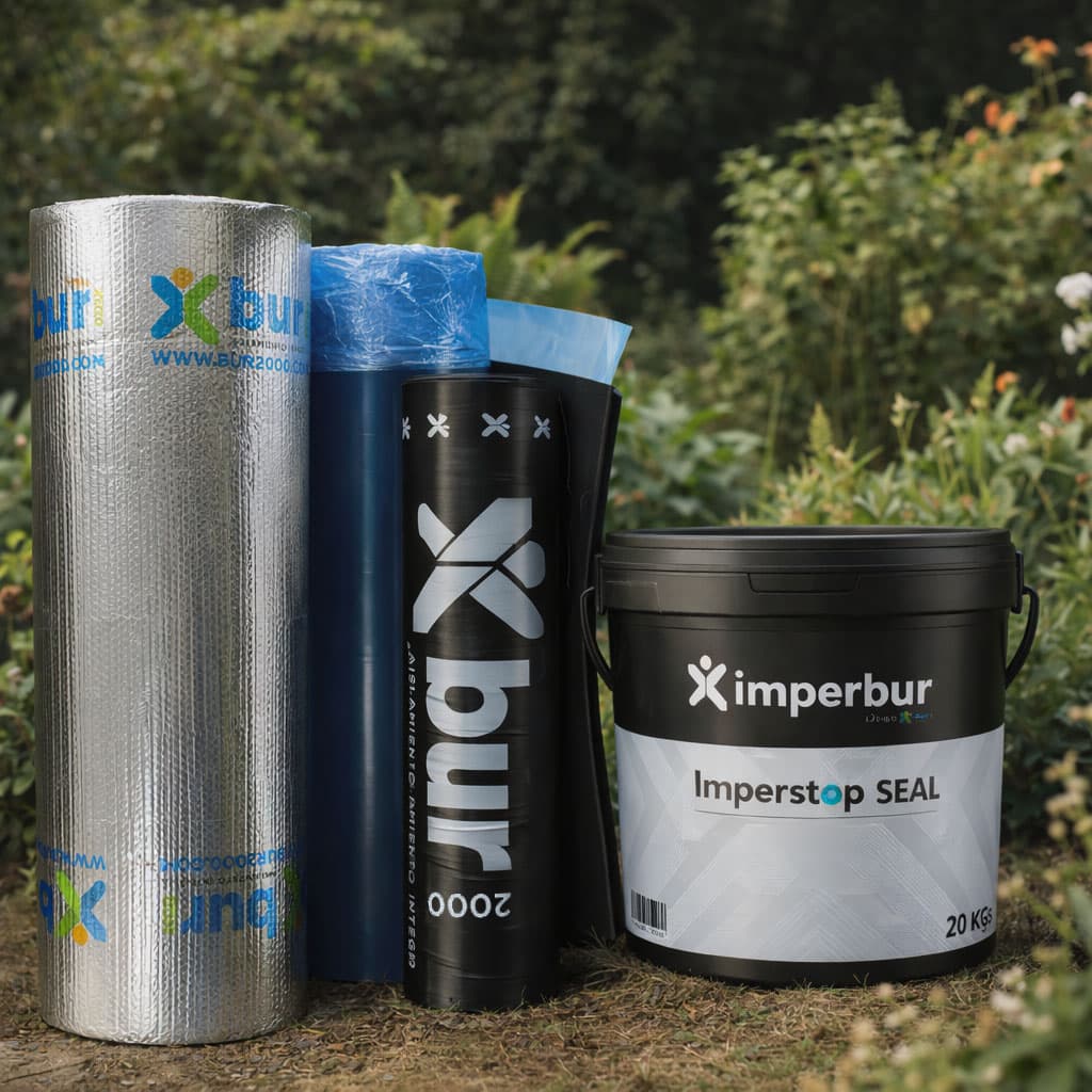 Assorted Xbur waterproofing products including insulation rolls and a bucket of Imperstop SEAL sealant.